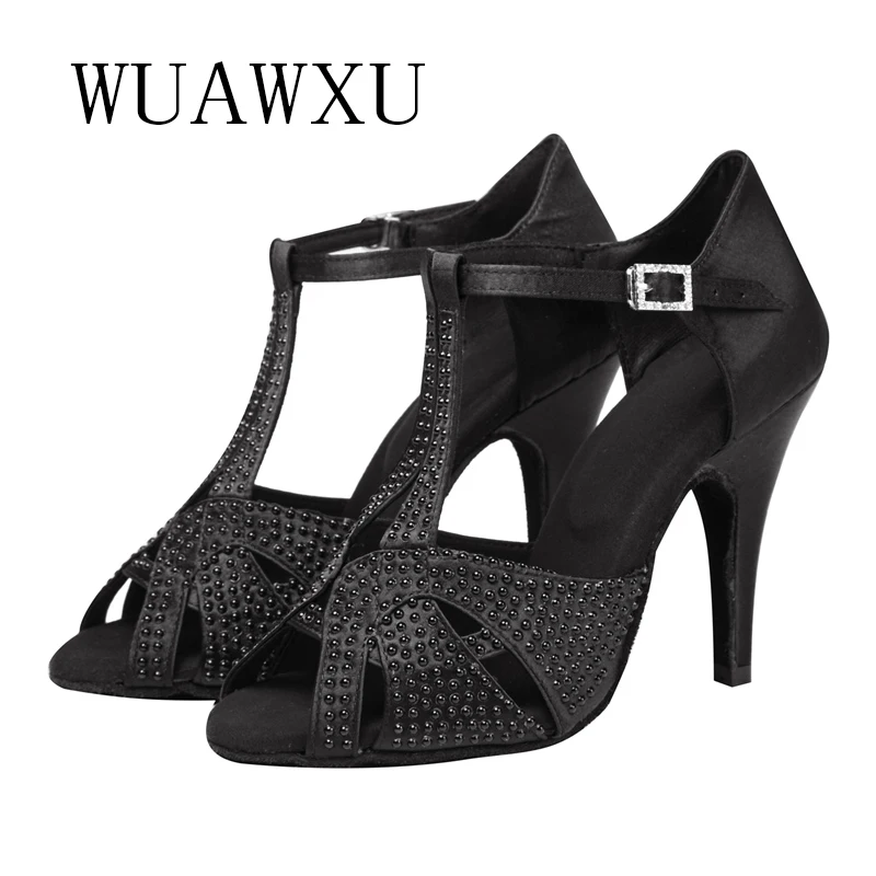 NATASHA Latin Dance Shoes Competition Penstock and Sexy Performance Party Dance Shoes Dark Tone Black Satin Soft Sole Dance Shoe 2