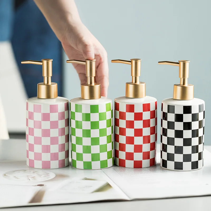 

300ml Plaid Liquid Soap Dispenser Ceramic Liquid Hand Pump Bottle Bathroom Accessories Kitchen Hand Pump Dispensers