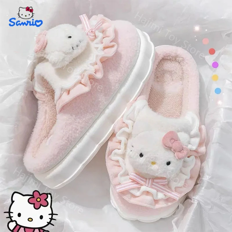 

Симпатичные тапочки Hello Kitty для женщин и девушек, мультяшный Sanrio Melody, зимние теплые противоскользящие домашние тапочки, обувь Kuromi