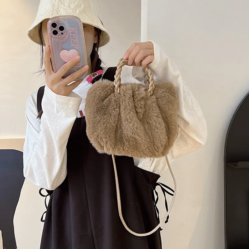

Wool-like Handbag Pumpkin Crossbody Bag Drawstring Braided Handbag Shoulder Bag Slung Plush Bucket Luxury Brand Crossbody Bag