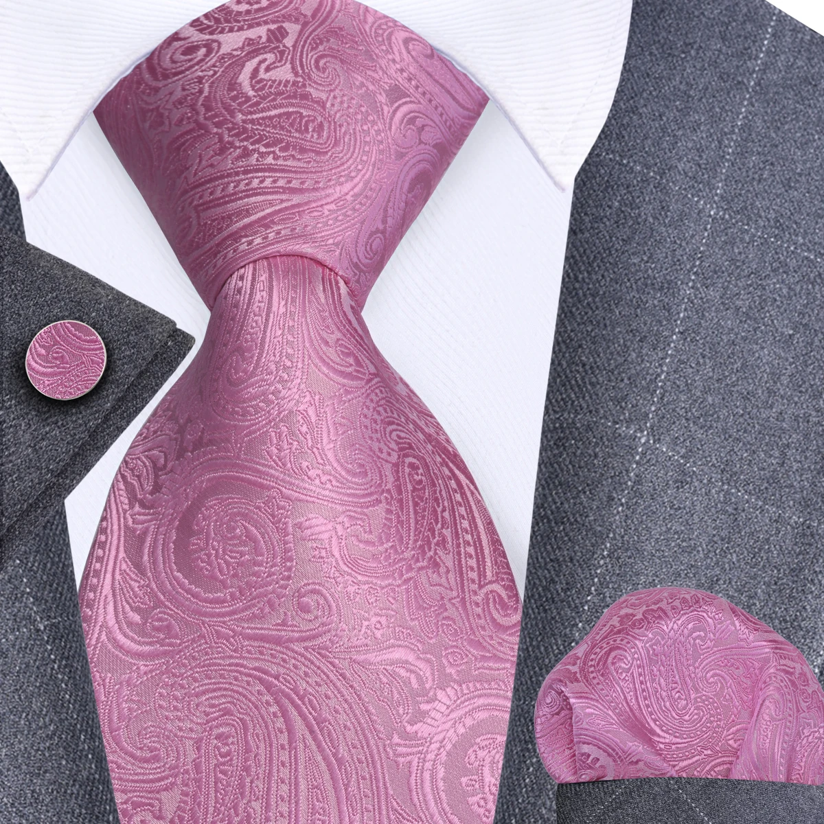 GUSLESON 8cm Blue Black Pink Men Ties Pocket Square Cufflinks Set Paisley Silk Necktie Wedding Business Gift Tie Accessories