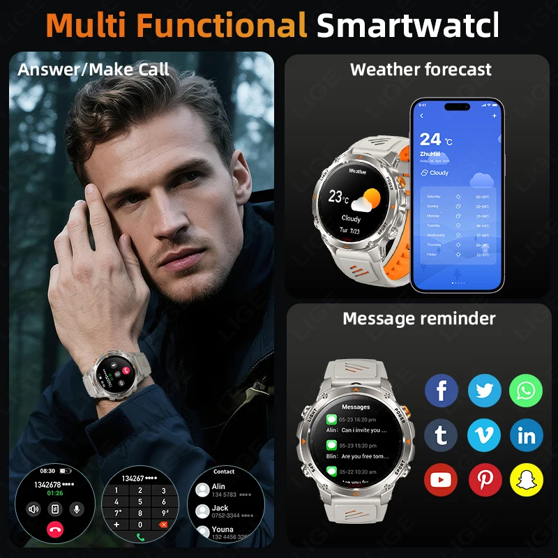LIGE New Professional GPS Sports Smart Watch Outdoor Ride Run GPS Track Watches 540mAh Compass Altimeter 3ATM Sport Bracelet Men
