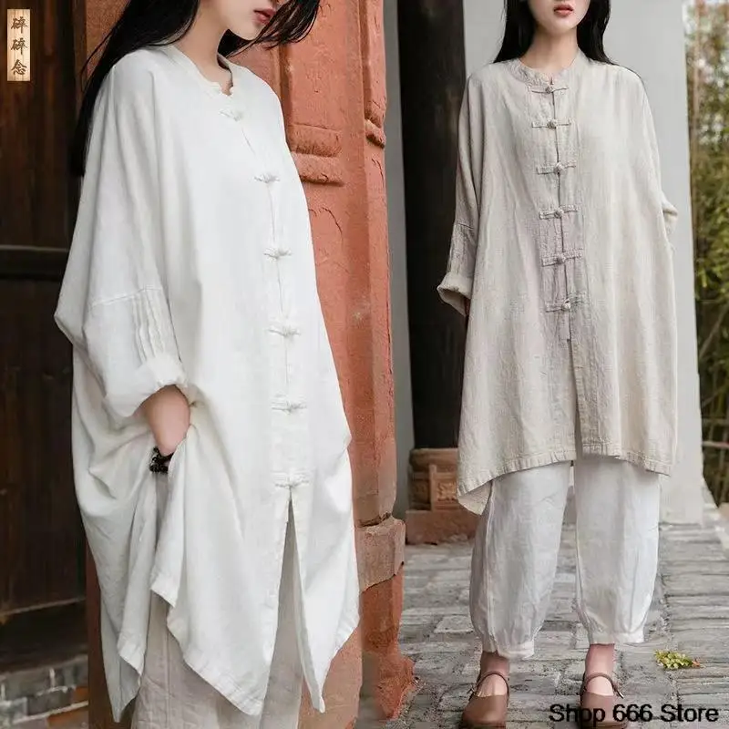 

Chinese Traditional Women's Clothing Retro Long Sleeves Cotton and Linen Shirts Ladies Long Gown Tea Clothes Autumn Tops Coat