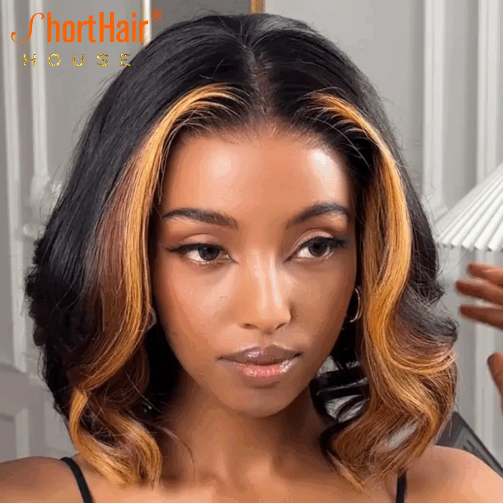 Glueless Wigs Human Hair Highlight Blonde Lace Closure Wavy Human Hair Wigs Brazilian Layered Cut 360 Lace Bob