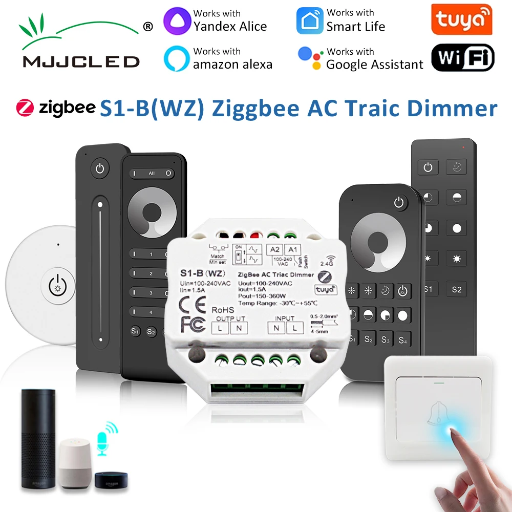 Tuya Zigbee Dimmer 220V 230V 110V Wifi RF 2.4G Wireless Remote Control AC Triac Dimmer Push Switch for LED Bulb Lamp 220V S1-B