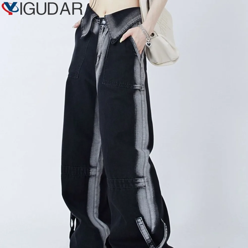 

Streetwear Women Dark Gray Straight Cuffed Jeans 2023 New Women's Summer Casual High Waisted Wide Leg Denim Trousers Female