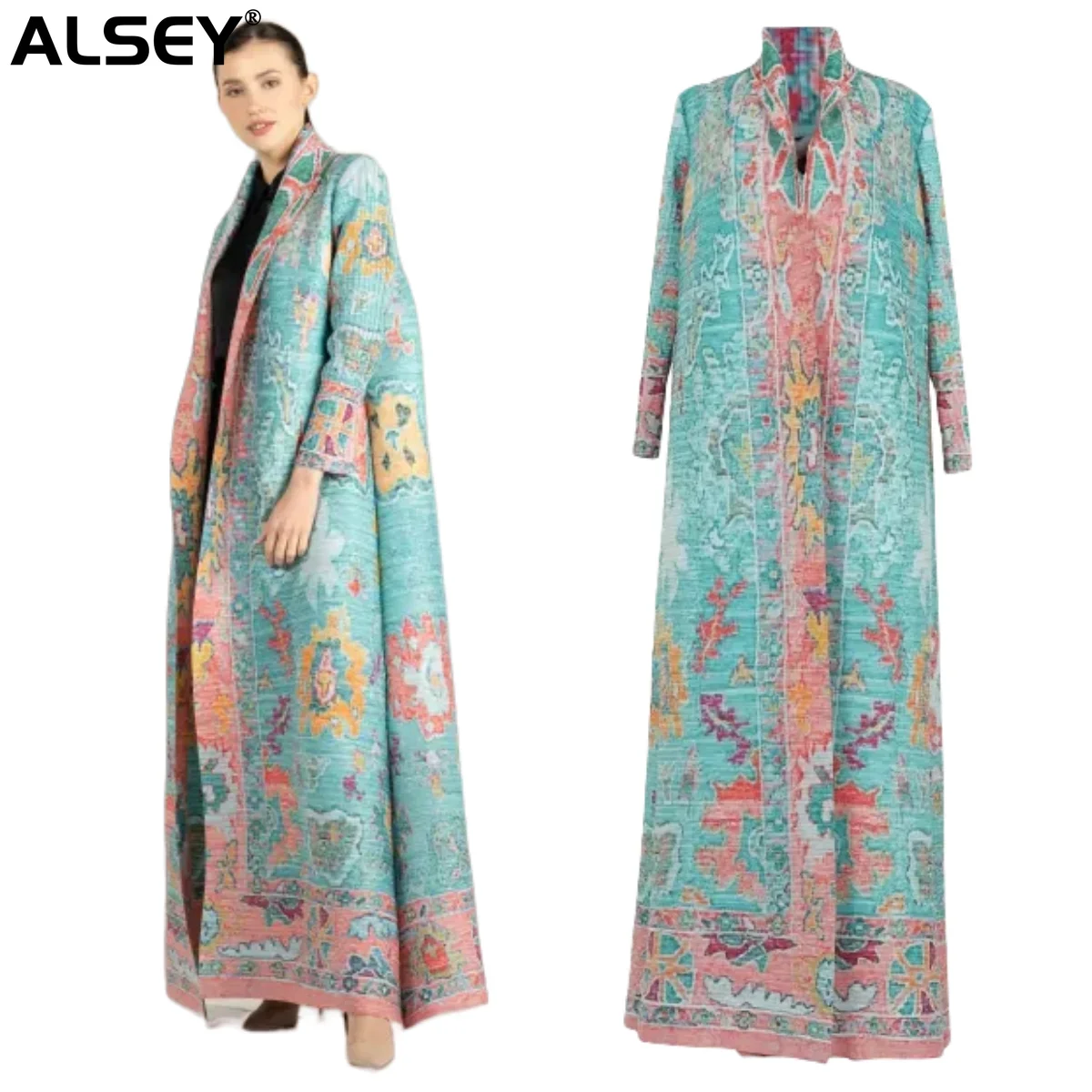

ALSEY Miyake Pleated Fashion Printed Collar Long Sleeve Jacket Women 2024 Autumn Winter Middle Eastern Style Plus Size Coats