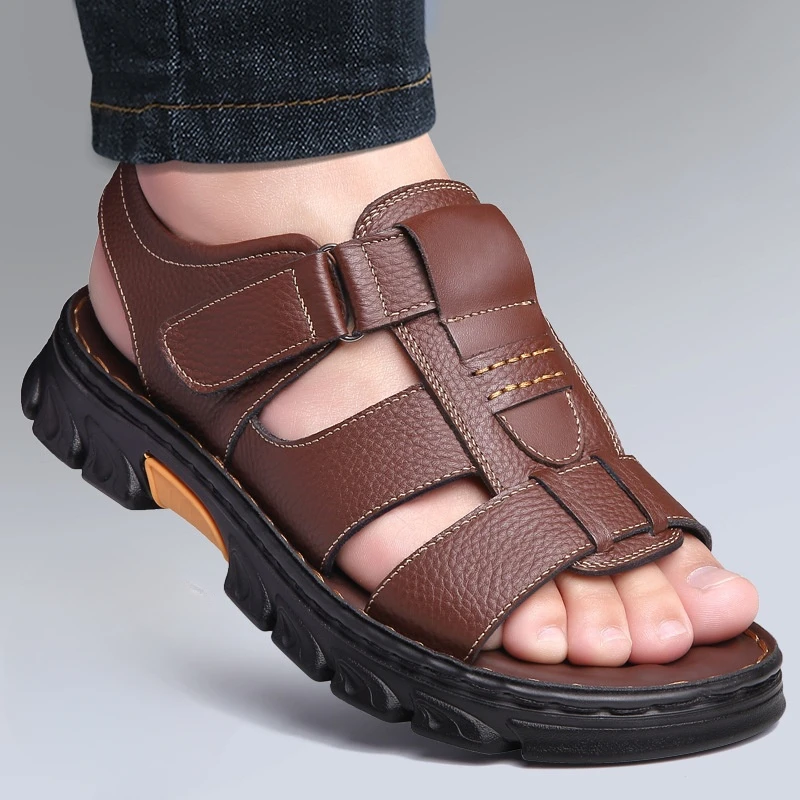 

Men's Beach Shoes Cowhide Slippers Men Outdoor Non-slip Thick-soled Leather Sandals Comfortable Leather Slippers