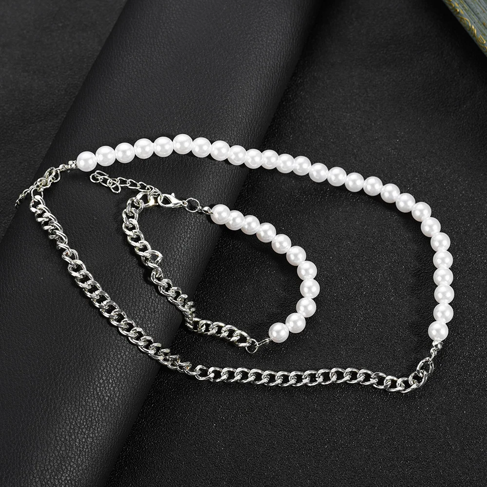 Splicing Pearl Beads Chain Short Choker Necklace Men Punk Trendy Beaded