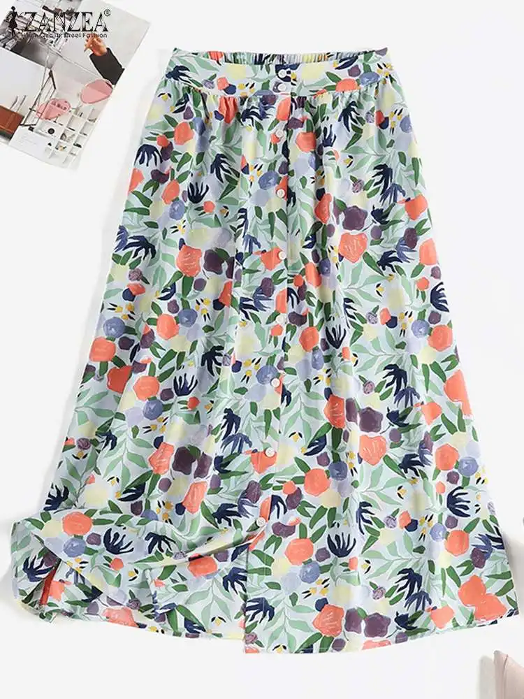 

ZANZEA Floral Print Buttons Skirts Bohemian Holiday Commute Fashion A-line Skirt Casual High Waist 2023 Summer Women Midi Jupes