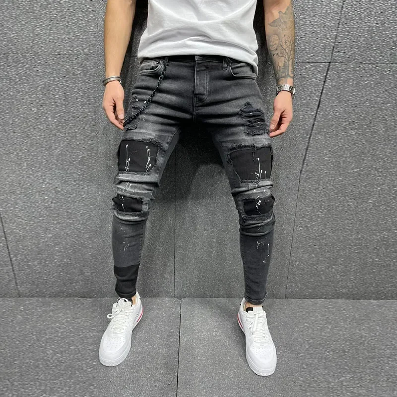 

jeans Men Ripped Skinny Zipper Jeans Black Patchwork Biker Pencil Pants Street Man slim fit Denim Pants Hip Hop Draped trousers