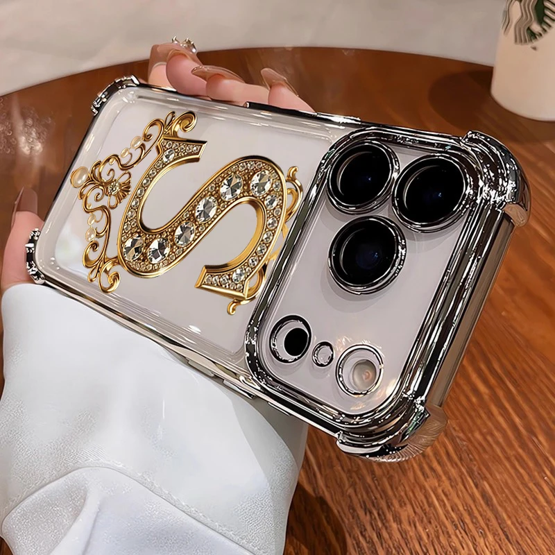 Luxurious Diamond & Gold S-Pattern Electroplated Phone Case - Shockproof Soft Cover