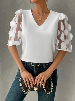 Women V Neck Blouse With Sheer Puff Sleeves And 3D Circle Appliques Casual Elegant Party Top 1