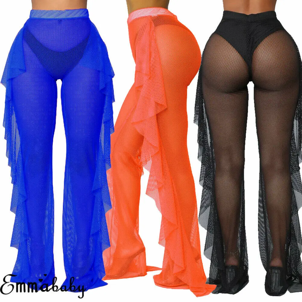 

Summer Sexy Ruffle Women Beach Cover Ups Mesh Sheer Wide Leg Pants Transparent Holiday Female Bikini Trouser Pantalon Swimsuit