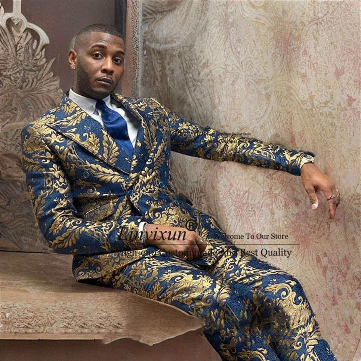 

Fashion Jacquard Wedding Suits For Men Peaked Lapel Male Prom Blazers Sets Groom Tuxedos Slim Fit Terno Masculinos Completo