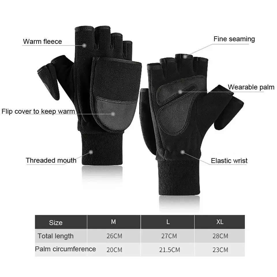 Winter Flip Cover Black Fishing Gloves Half Finger Anti-Slip Breathable Camera Photography Outdoor Warm Gloves fingerless gloves,fishing gloves