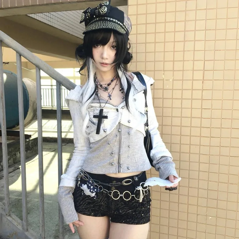 Karrram Japanese Y2k Fake Two-piece Knitted Tops Trashy 2000s Hooded Jacket Vintage Harajuku Knitwear Grunge Aesthetics American 2