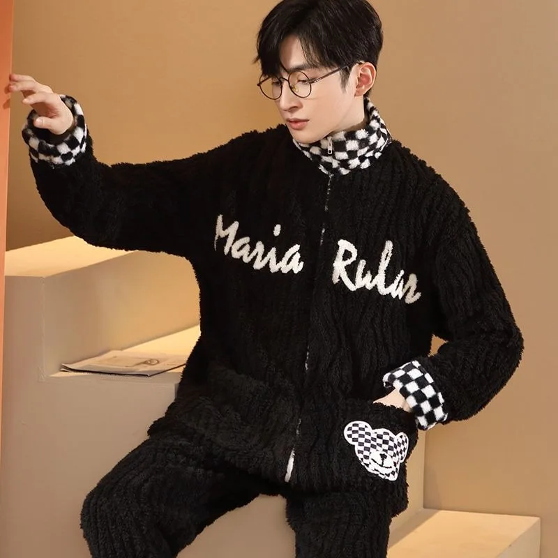 2024 New Coral Velvet Men's Winter Pajamas Plush and Thickened Sleepwear Cartoon Flannel Zipper Loungewear Set Warm Homewear