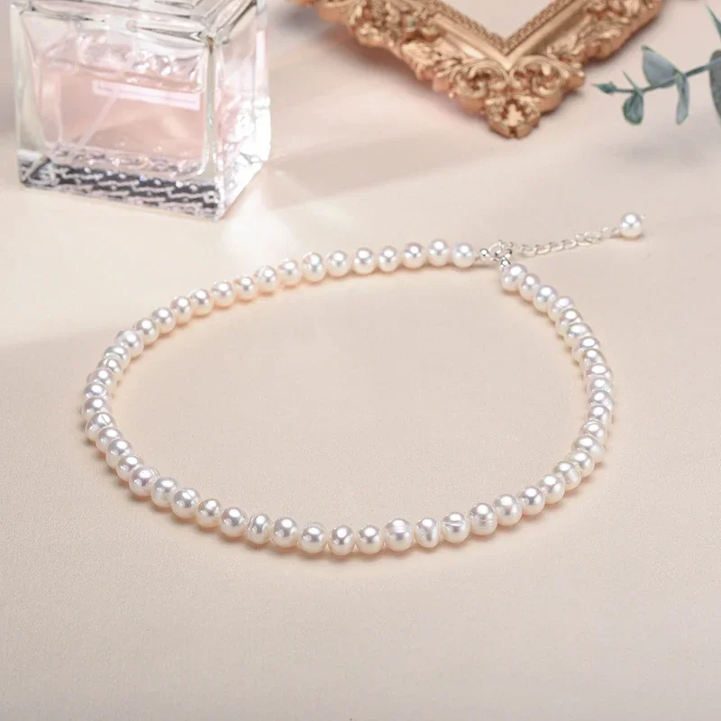 Wholesale 6-7mm Freshwater Cultured Pearl Necklace, Real Chokers Pearl Necklace, Women's Sterling Silver Pearl Strand Necklaces