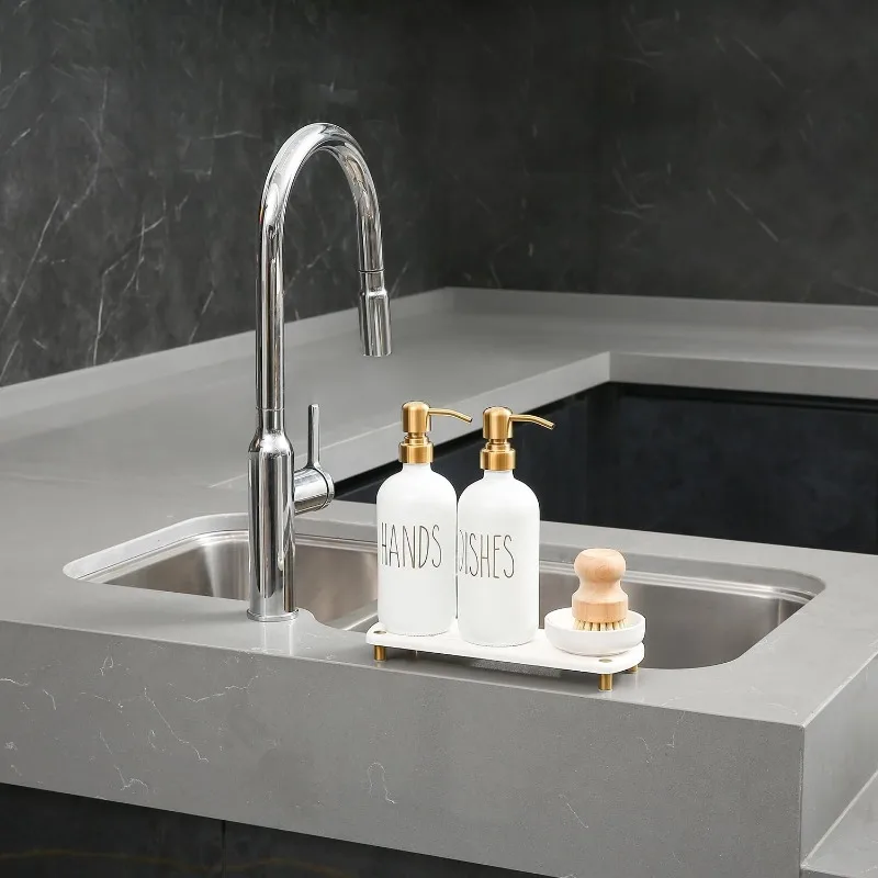 Gold Soap Dispenser Set Comes with Stainless Steel Pumps Instant Dry Tray and Dish Scrub Brush Suitable for Kitchen Decor 5