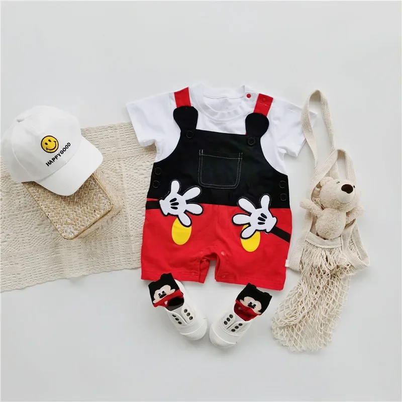 Summer Newborn Baby Rompers Socks Set Cartoon Mickey Mouse Hand Boy Girl Jumpsuit Infant Costumes Cotton Short Sleeve Bodysuits infant romper