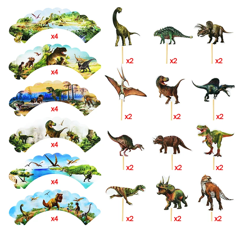 24pcs Dinosaur Cupcake Wrappers Cake Toppers Kids Boy Dinosaur Theme Jungle Animal Birthday Party Cake Decoration Supplies