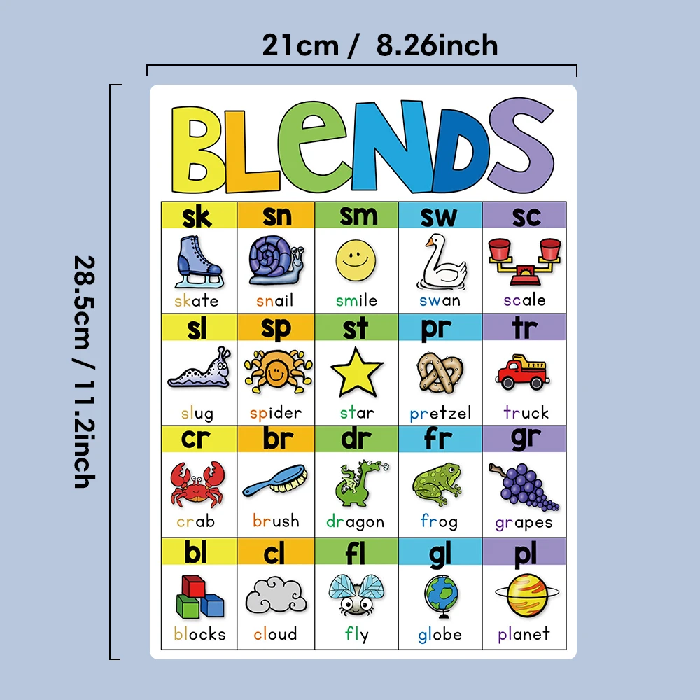 4Pcs/Set Children English Phonics A4 Posters Alpphabet Vowel Blends Digraphs Learning Chart Classroom Decoration Teaching Aid 2