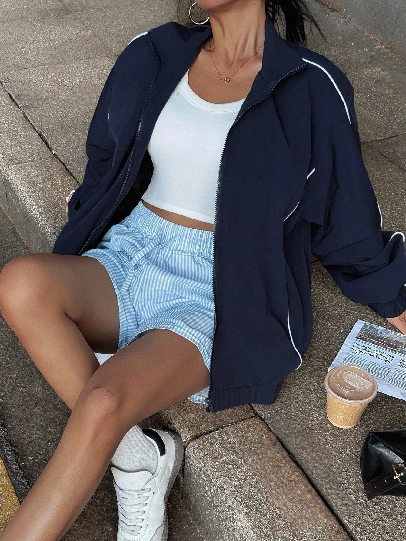 Veste bomber femme & short rayé décontracté - Style urbain