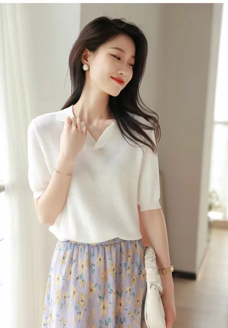 ice silk short sleeve knit cotton thread half sleeve POLO collar loose T-shirt women's summer wear thin temperament slimming top