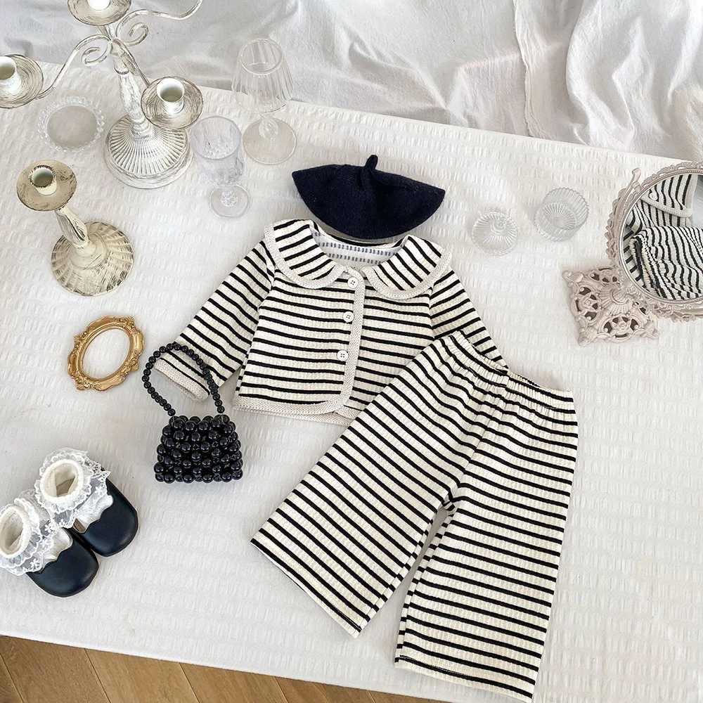 Girls Striped Long Sleeve Tee and Wide Leg Pants Set