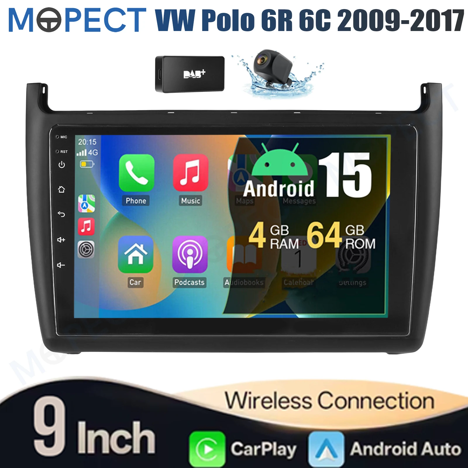 Radio estéreo para coche de 9 pulgadas con pantalla táctil IPS de 4+64G para VW Polo 6R 6C V 2009-2017 AM/FM Android 15 CarPlay, unidad principal con GPS, navegador, Bluetooth y FM 1