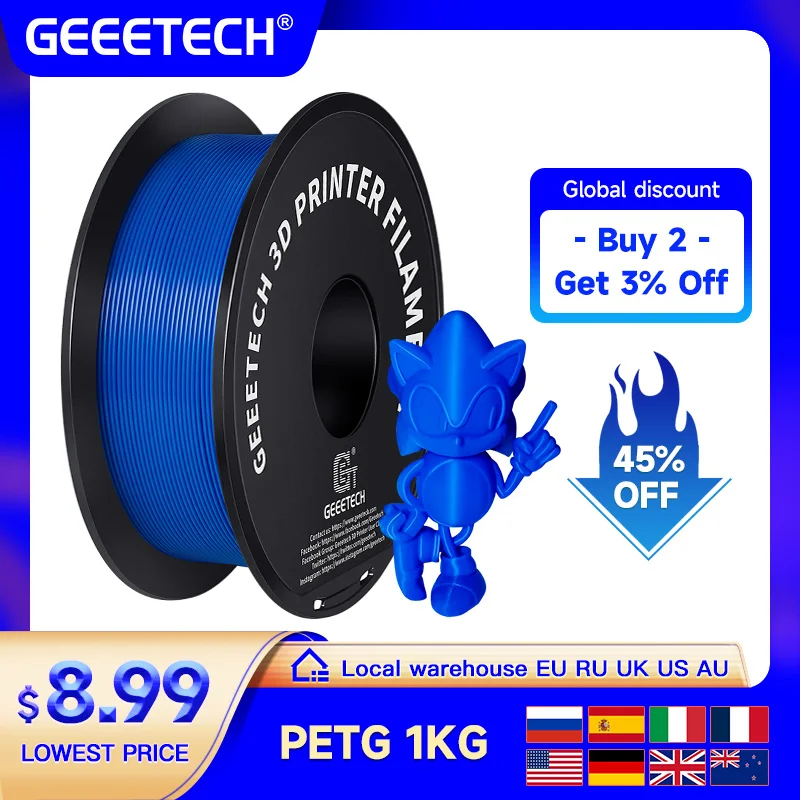 Geeetech Petg 1kg 1.75 mm Filamento 3d Impressão Fio de Embalagem a Vácuo Armazéns Locais Plástico Colorido para a Maioria da Impressora Fdm 3d