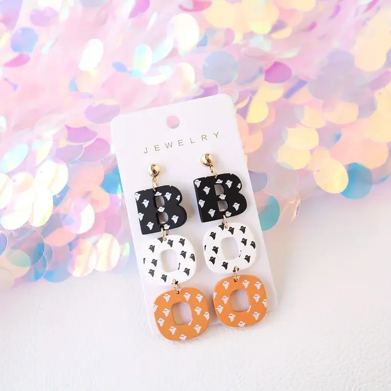 Cute Ghost Print BOO Halloween Acrylic Dangle Earrings for Women Fun & Quirky Party Jewelry Accessory Gifts