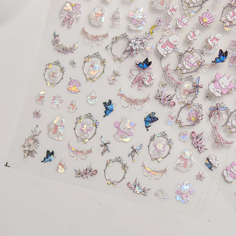 1 Sheet Nail Stickers High Quality Cute Flower Rabbit Cat Bowknot Design Adhesive Stickers wedding Nail Art Decoration T-4345 3