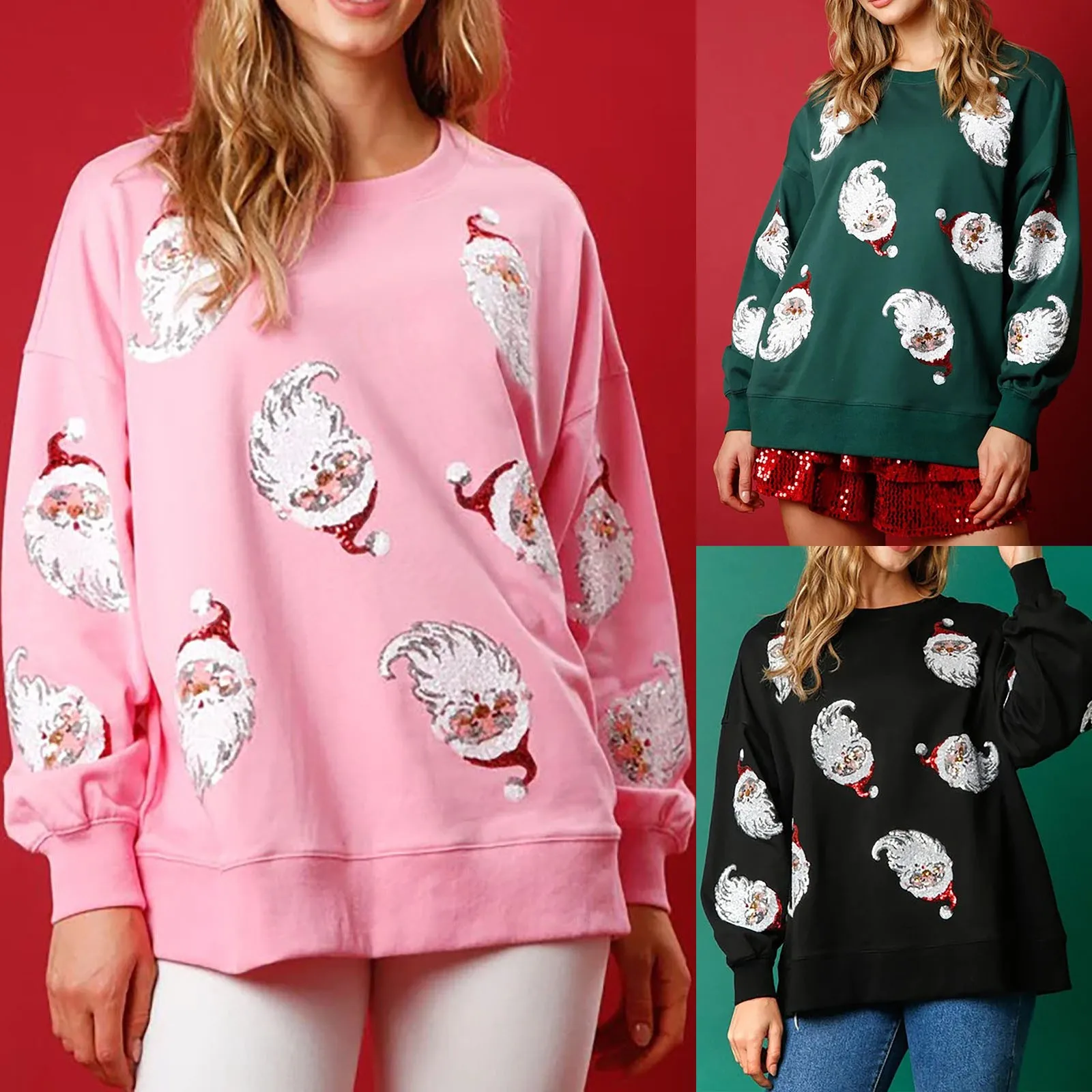 

2023 Autumn And Winter Round Neck Casual Loose Christmas Sequin Sweater For Women