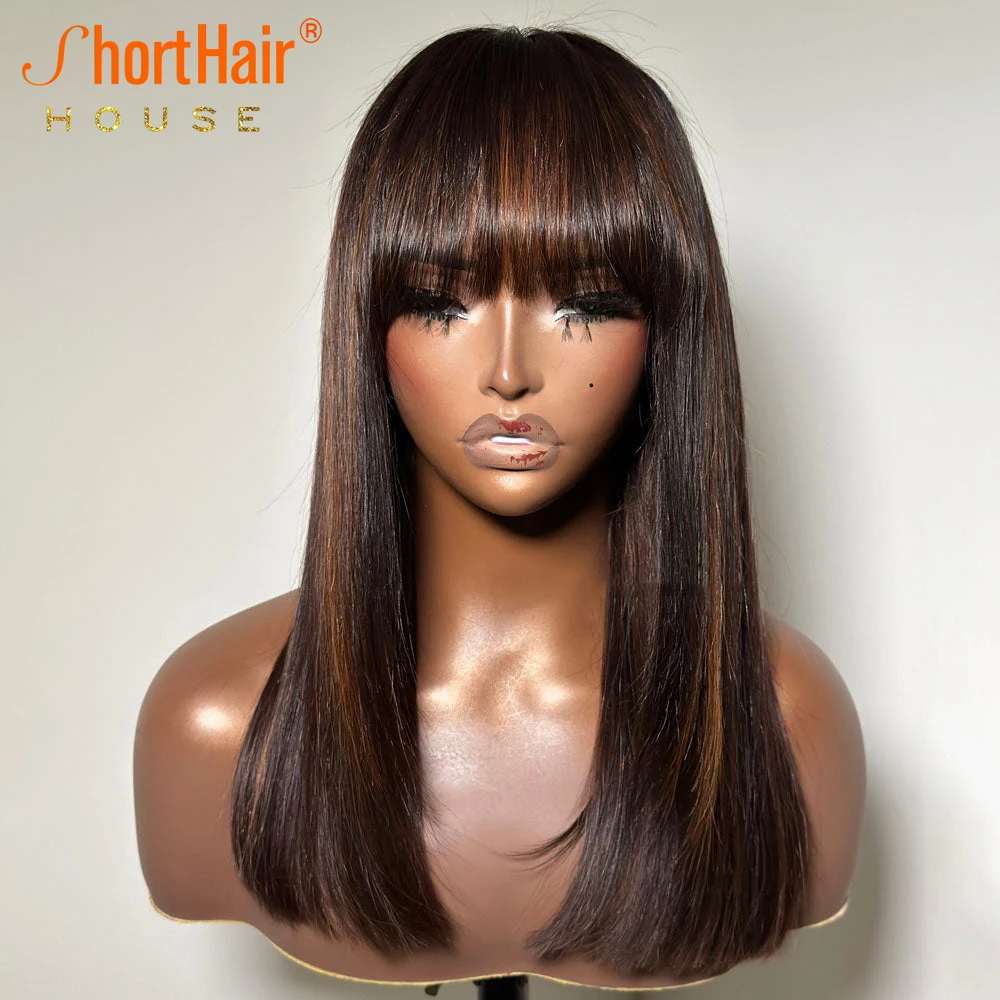 Caramel Brown Human Hair Wigs With Bangs Brazilian Pixie Cut Human Hair Wig Brown 13x4 Lace Front Straight Bob Wigs