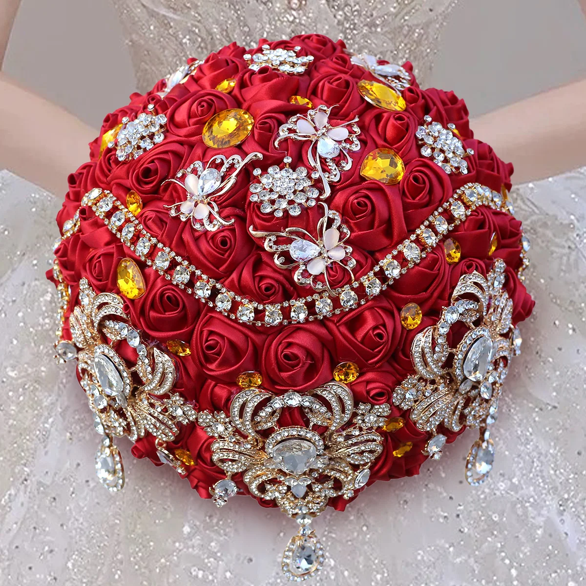 Rhinestones Holding Flowers Wedding Flowers Bridal Bouquets Wine Red Ribbon Brooch Satin Bouquet Wedding Diamond Bouquet
