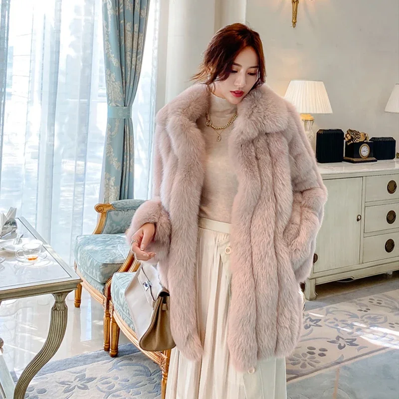 

Women"s whole pelt Natural Fox Fur Leather Grass Coat Mid-Length ladies real fur Jacket menteaux femme
