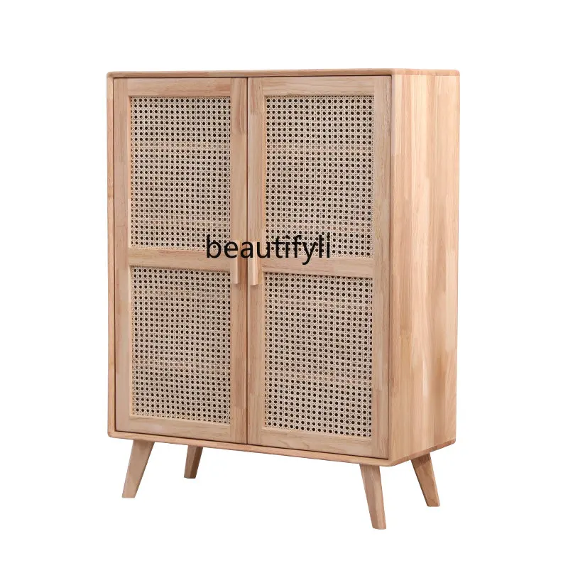 

yj Japanese-Style Solid Wood Rattan Shoe Cabinet Large Capacity Entrance Cabinet Nordic Hall Ultra-Thin Storage Cabinet