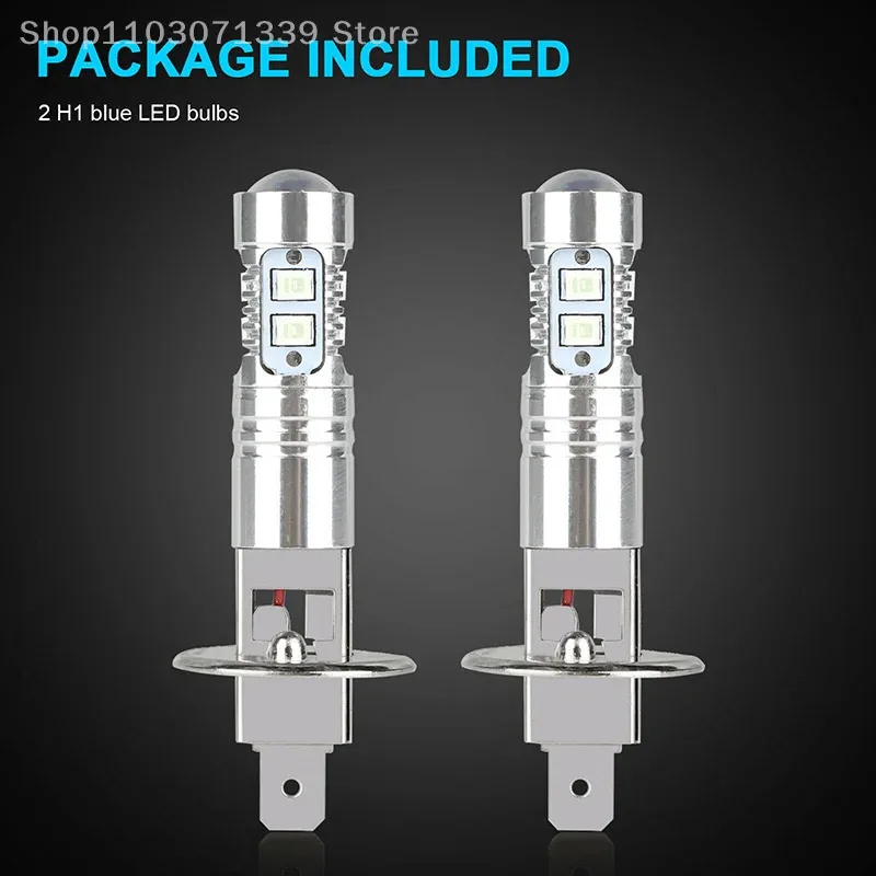 2개 H1 LED 자동차 헤드라이트 전구 8000K 100W 블루 브라이트 자동차 안개등, 배터리 없음
