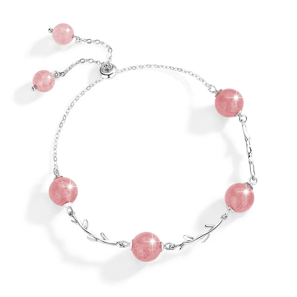 2024 Charm 925 Sterling Silver Fashion Pink Natural Bead Strawberry Crystal Chain Bud Bracelet For Women Classical Jewelry Gift