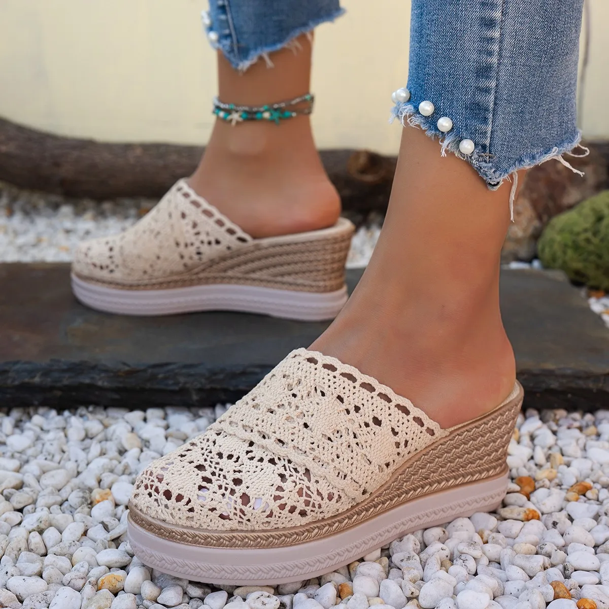 Lace Summer High Heels Straw Espadrille Sandals Women Platform Slides Mules Slipper Wedges Shoes Comfortable Walk Slippers Women