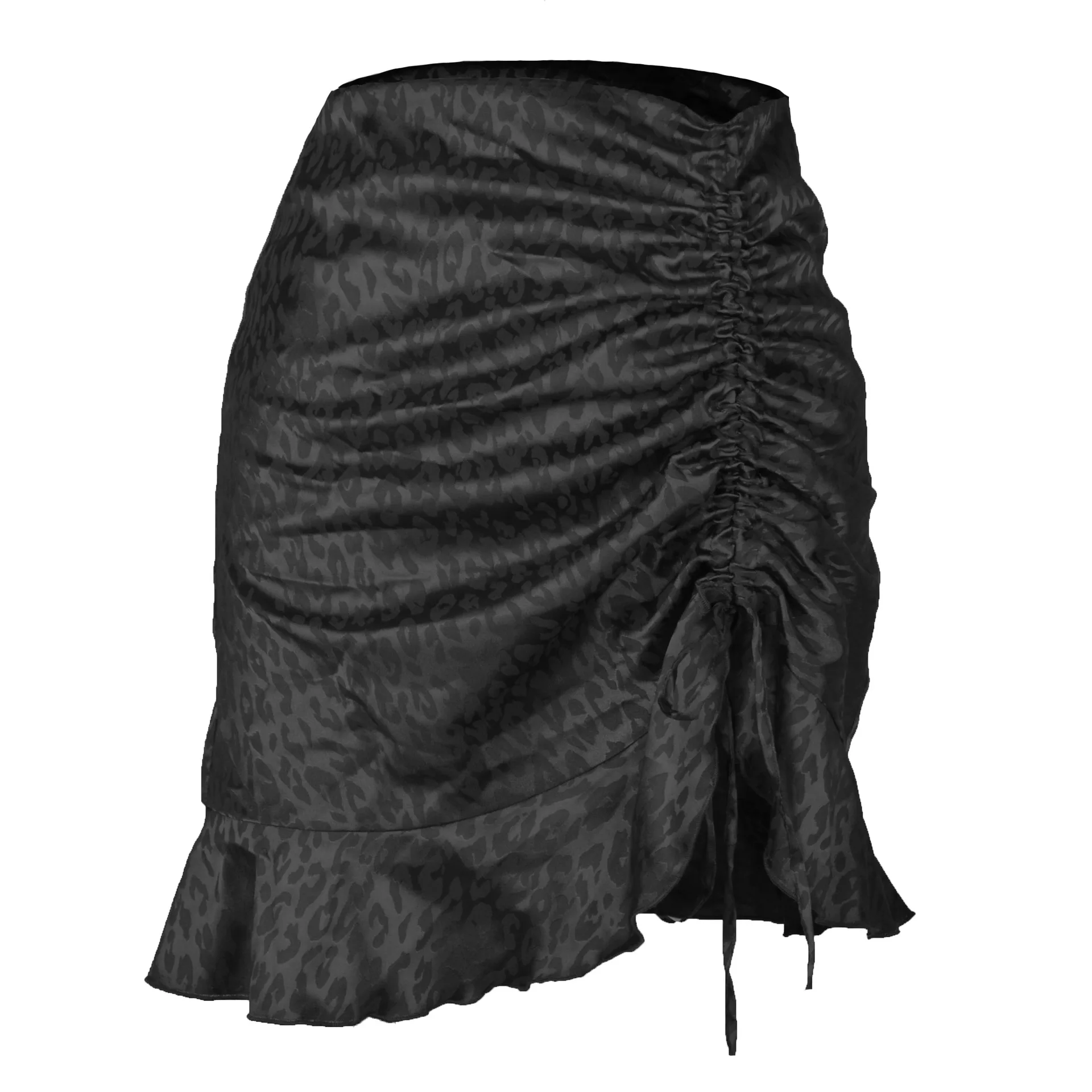 Sexy Satin Drawstring Pleated Leopard Print Skirt Fashion Zipper Shirring Empire Trumpet Mermaid Mini Skirt Women's Clothing crop top and skirt