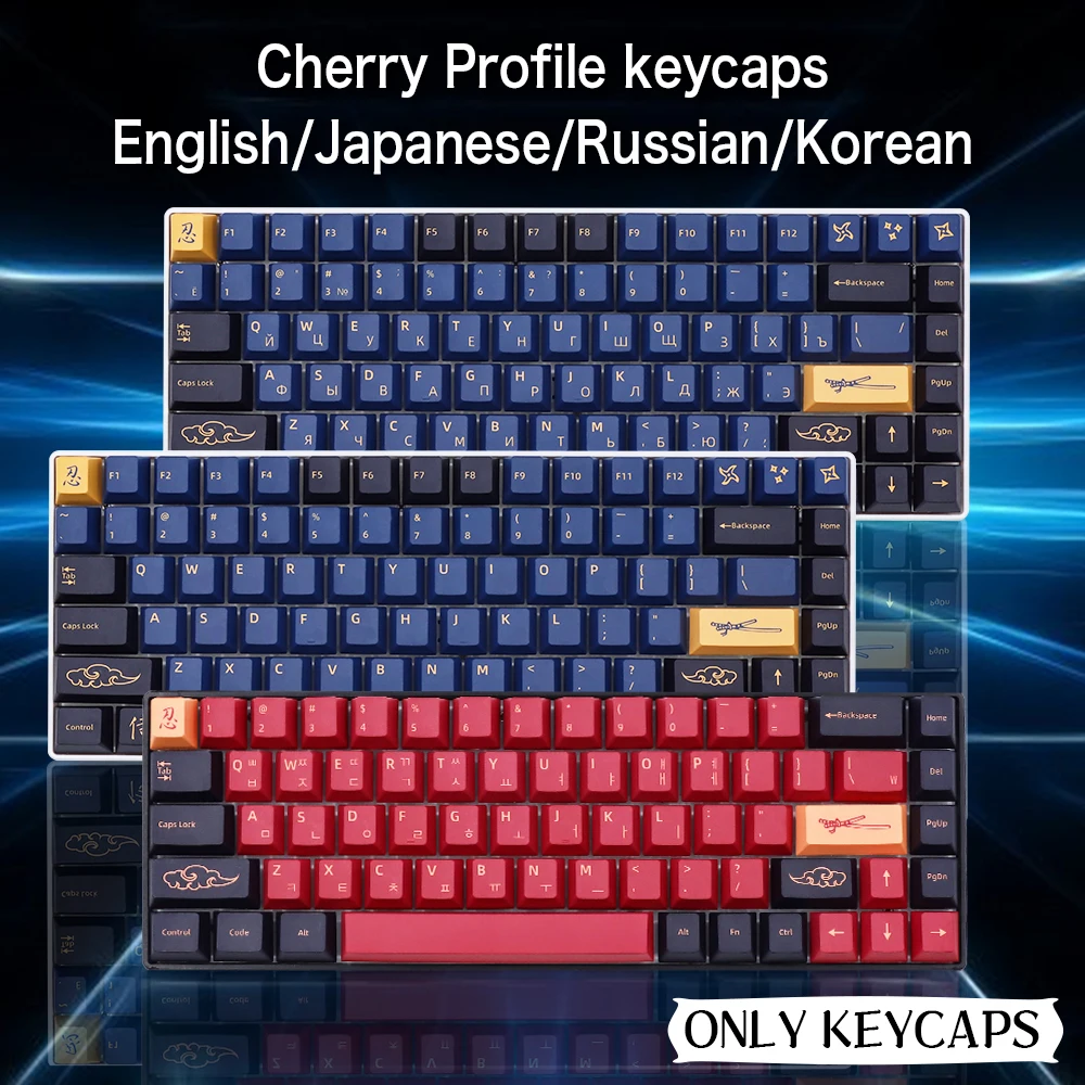 Blue/red Samurai Keycaps, Spanish Japanese Korean German Russian French,  ISO AZERTY, Cherry Profile PBT for Mechanical Keyboard 