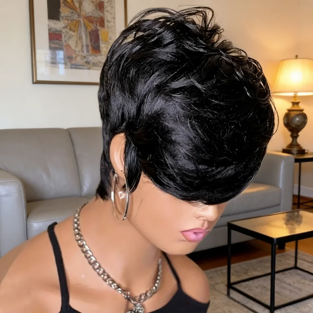 여성용 레미 인모 픽시컷 가발 (앞머리 포함), 풀머신 제작 숏 웨이브 헤어 가발, 자연스러운 헤어라인, 데일리 착용