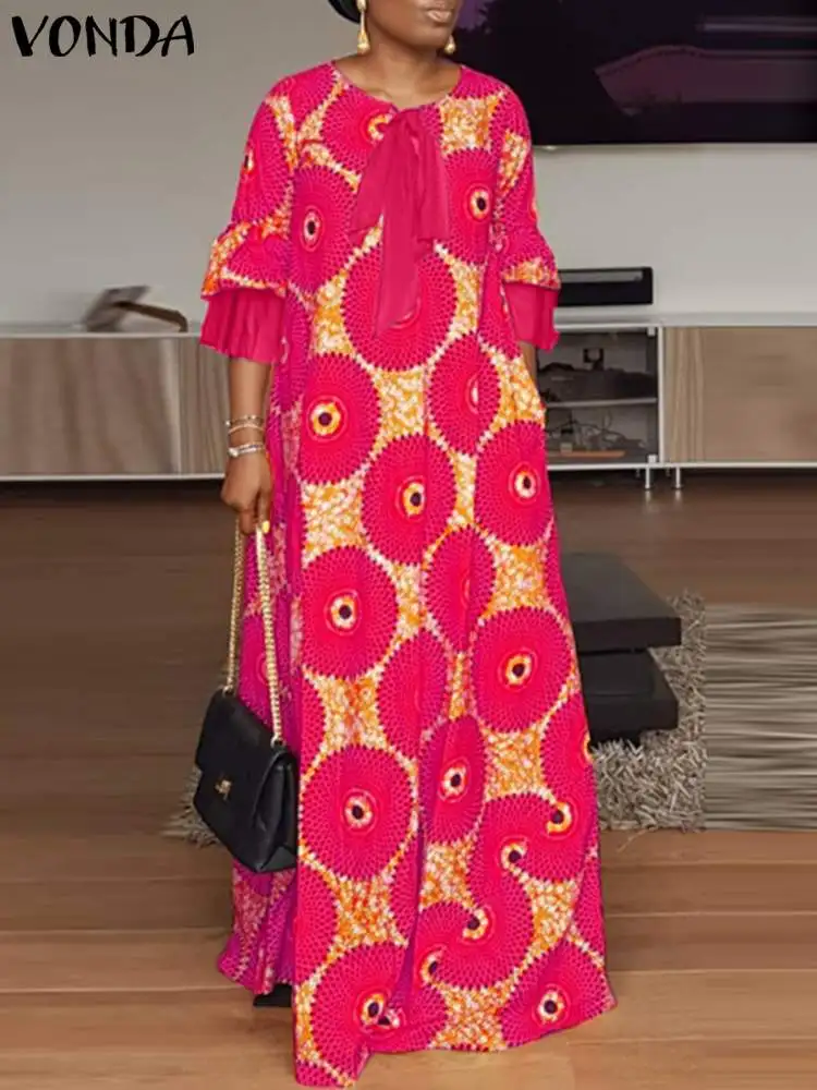 

VONDA Women Bohemian Maxi Long Dress 2024 Vintage Patchwork Pattern Floor Length Dress Autumn Beach Sundress Loose Robe Femme