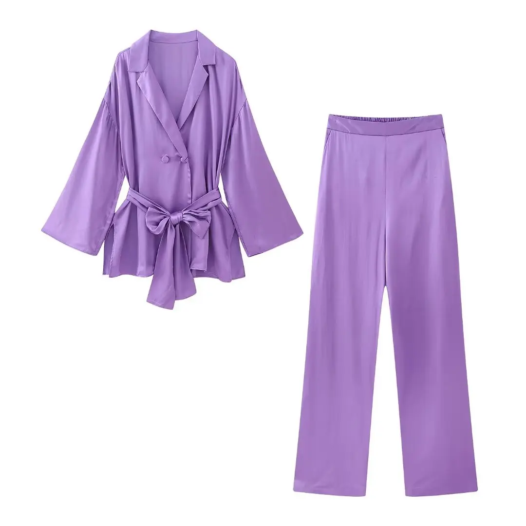 

Woman Elegant Purple Loose Satin Blazer Suit 2023 Spring Female Solid Lacing Blazers Sets Ladies High Street Straight Pants Set