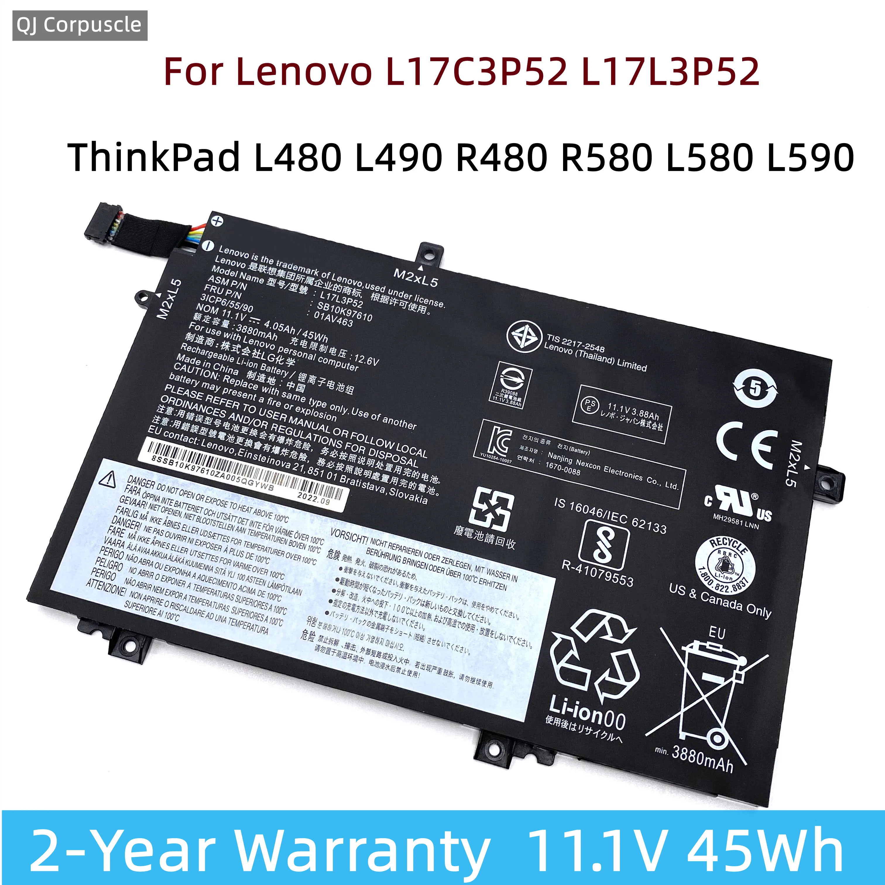 Bateria Original do Portátil para Lenovo Thinkpad L17c3p52 L480 L490 R480 R580 L580 L590 01av463 01av466 L17m3p53 L17l3p52 Sb10k97610