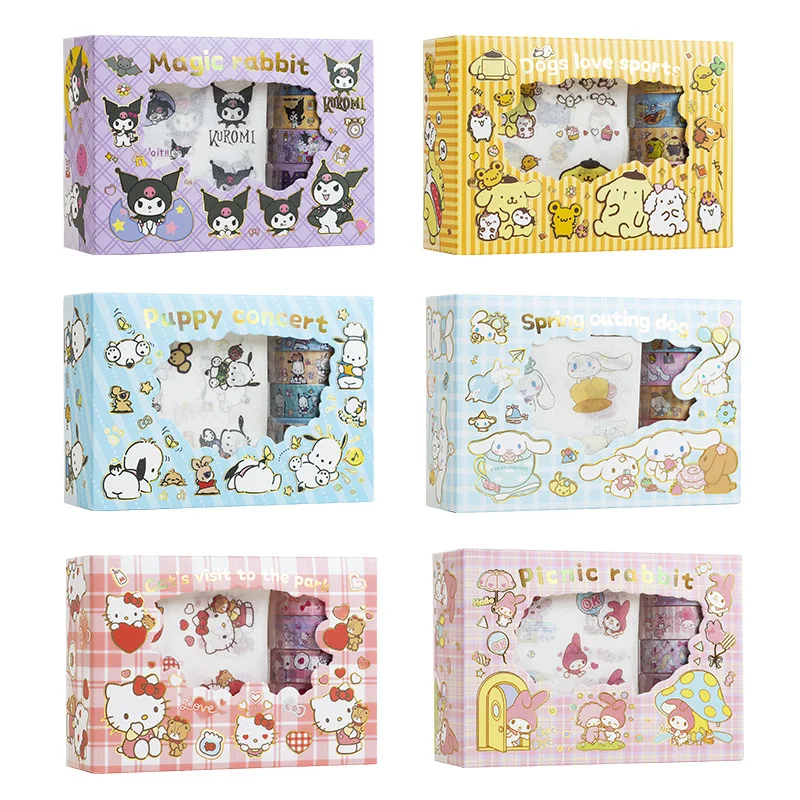 

Kawaii Sanrio Hobby My Melody Kuromi Hello Kitty Spiritual Pet Baby Series Cartoon Children's Handbook Washi Tape Gift Box Set