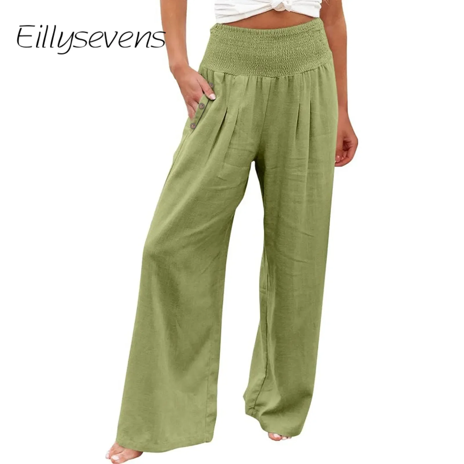 

Pantalones Ladies Trousers Summer New Cotton Linen Elastic Waist Wide Leg Pants Loose Palazzo Pocket Button Casual Pants